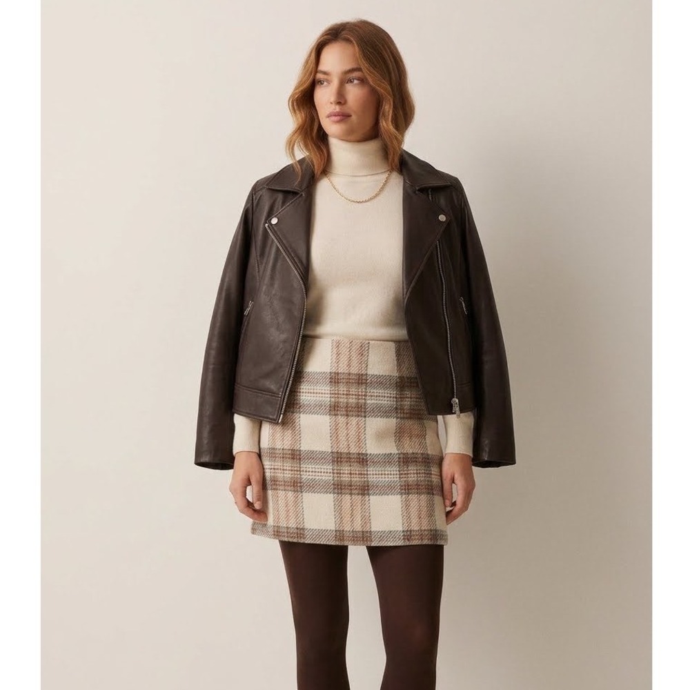 HM Plaid Wool Blend Mini Skirt Beige Brown A-Line Lined Size 8 0895487 2